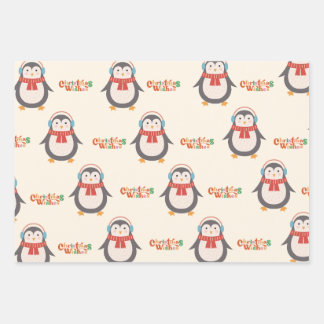 クリスマスを祝うペンギン ラッピングペーパーシート