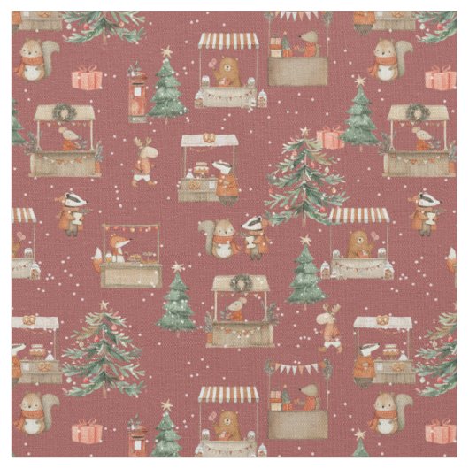 クリスマスを祝う森の動物たち - アンバー ファブリック (クローズアップ)
