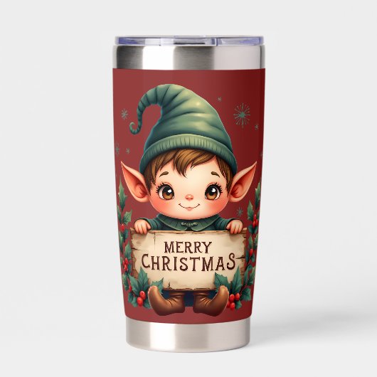クリスマスを祝う看板を持つキュートなサンタの小人 赤 保温保冷タンブラー (正面)