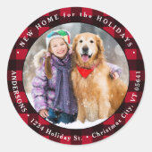 クリスマスを移動するホリデープレイド写真の新しいアドレス ラウンドシール (正面)