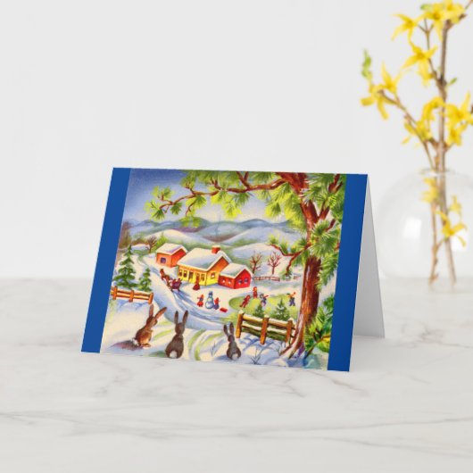 クリスマスを見ているヴィンテージのクリスマスバンニー カード (黄色い花)