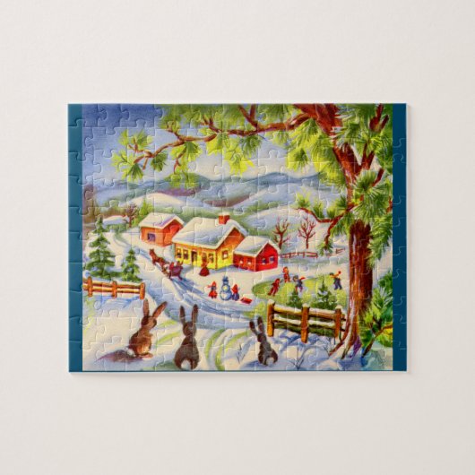 クリスマスを見ているヴィンテージのクリスマスバンニー ジグソーパズル (横)