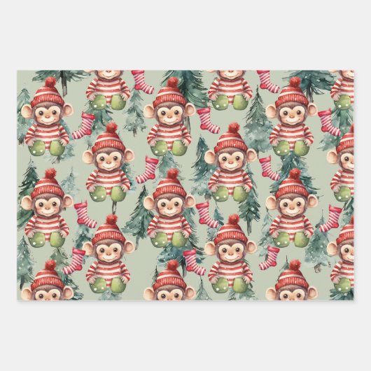 クリスマスを迎えるサルのクマとリス ラッピングペーパーシート (正面)