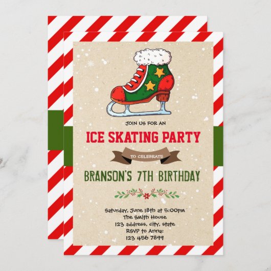クリスマスアイススケートで滑るパーティの招待状 招待状 (正面/裏面)