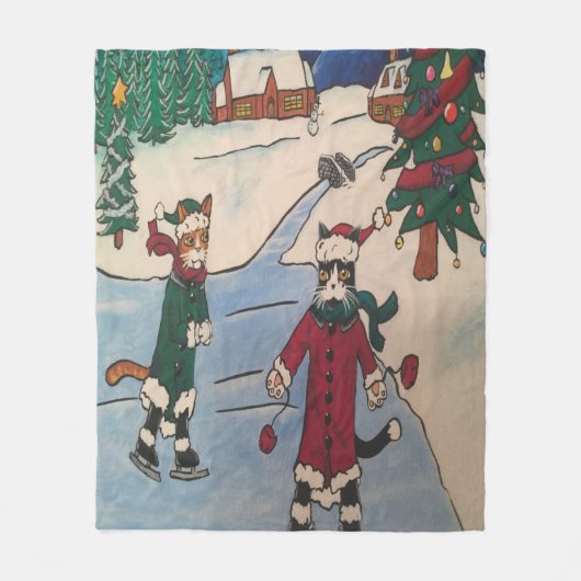 クリスマスアイススケートで滑る猫 フリースブランケット (正面)