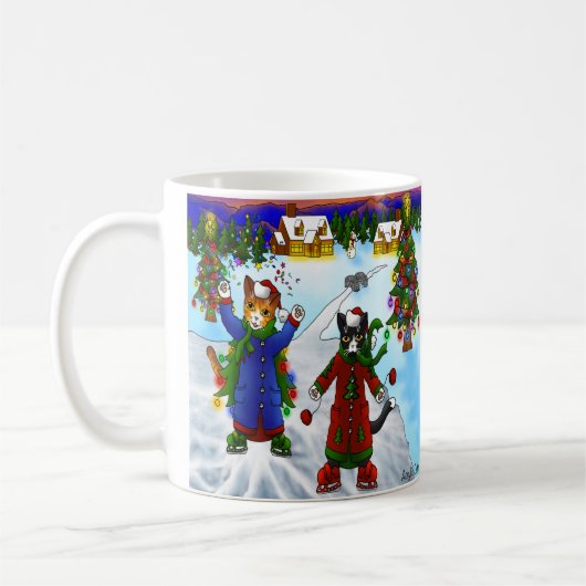 クリスマスアイススケートで滑る猫V2 コーヒーマグカップ (左)