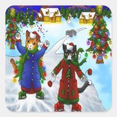 クリスマスアイススケートで滑る猫V2 スクエアシール (正面)
