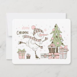 クリスマスアイススケートで滑る雪だるまプレゼントフラットカード シーズンカード