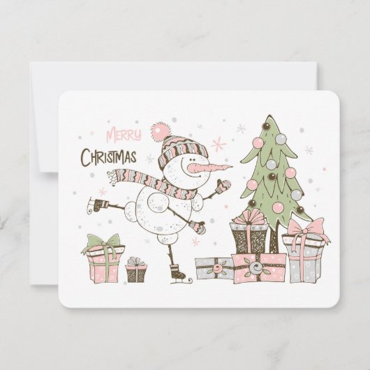 クリスマスアイススケートで滑る雪だるまプレゼントフラットカード シーズンカード (正面)