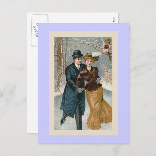 「クリスマスアイススケートで滑る」ヴィンテージ シーズンポストカード (正面/裏面)