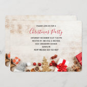 クリスマスアイテムのパーティー付きの素朴な木の写真 招待状 (正面/裏面)