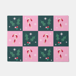 クリスマスアイビー、星付きキャンディーケーン ドアマット