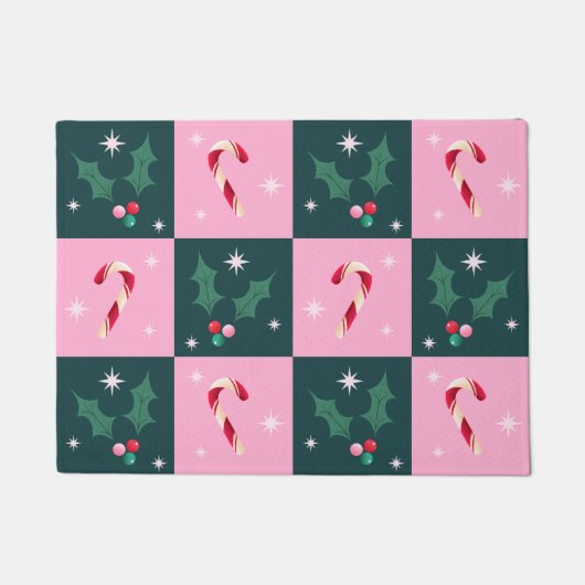 クリスマスアイビー、星付きキャンディーケーン ドアマット (正面)