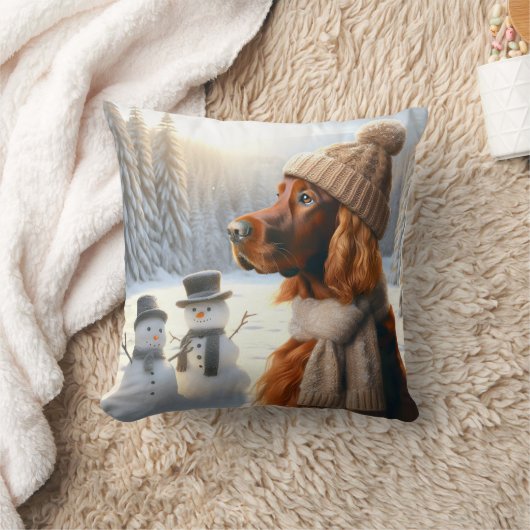 クリスマスアイリッシュセッターと雪だるま クッション (ブランケット)