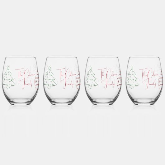 クリスマスアウトラインアート ステムなしワイングラス (正面)