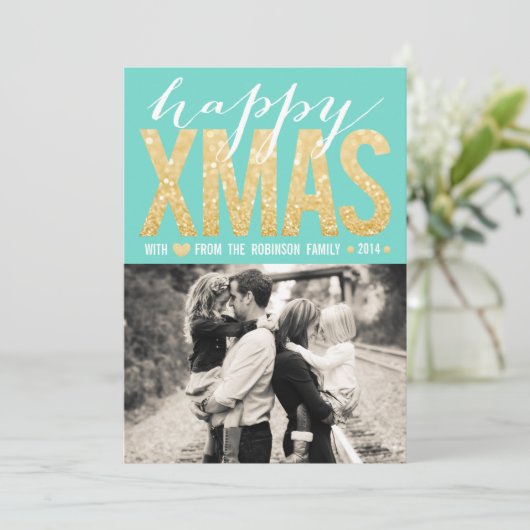 クリスマスアクア金ゴールドグリッターフォトフラットカード シーズンカード (スタンド正面)