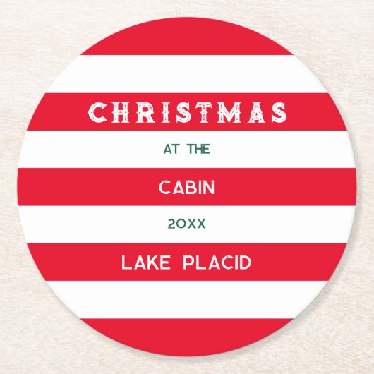 クリスマスアットザキャビンレッド航海のストライプラウンド ラウンドペーパーコースター (正面)