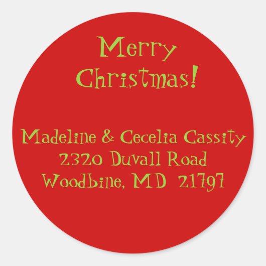 クリスマスアドレスのステッカーラベル ラウンドシール (正面)