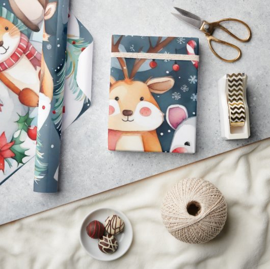 クリスマスアニマルズサンタクロース包装紙 ラッピングペーパー (クラフト)