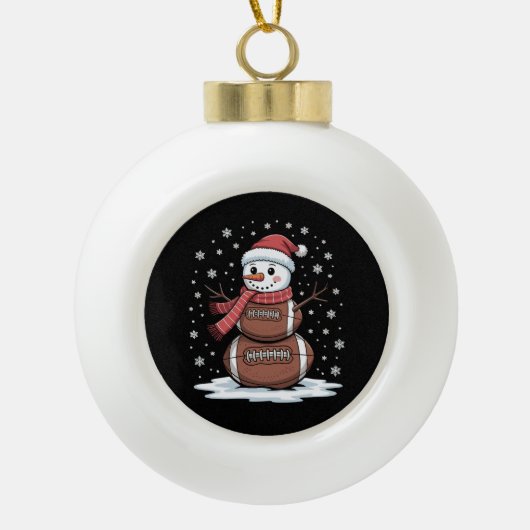 クリスマスアメリカンフットボール雪だるまクリスマススポーツ セラミックボールオーナメント (正面)