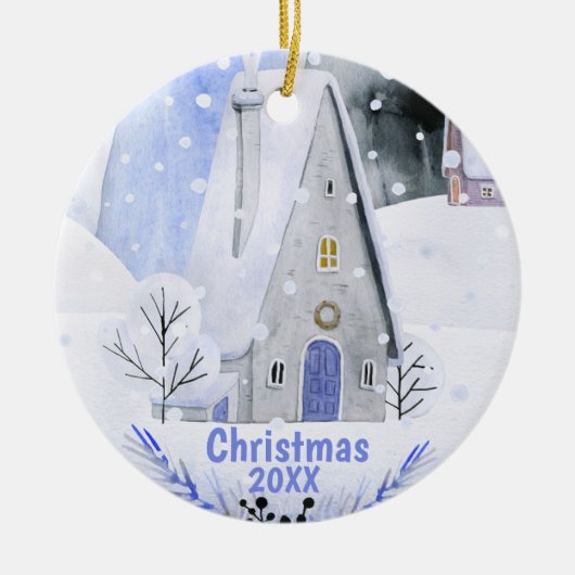 クリスマスアルパインスキーマウンテンビレッジハウス セラミックオーナメント (正面)