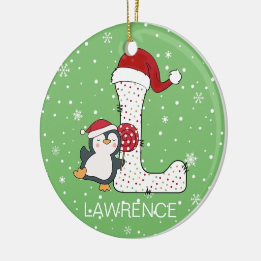 クリスマスアルファベットLサンタハットペンギンスノーフレーク セラミックオーナメント (左)