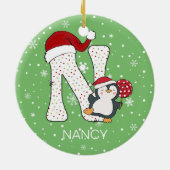 クリスマスアルファベットNサンタハットペンギンスノーフレーク セラミックオーナメント (裏面)