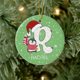 クリスマスアルファベットRサンタハットペンギンスノーフレーク セラミックオーナメント