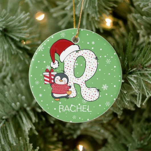 クリスマスアルファベットRサンタハットペンギンスノーフレーク セラミックオーナメント (ツリー)