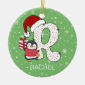 クリスマスアルファベットRサンタハットペンギンスノーフレーク セラミックオーナメント (正面)