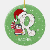 クリスマスアルファベットRサンタハットペンギンスノーフレーク セラミックオーナメント (裏面)