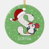 クリスマスアルファベットSサンタハットペンギンスノーフレーク セラミックオーナメント (正面)