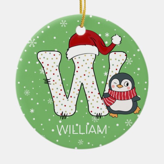 クリスマスアルファベットWサンタハットペンギンスノーフレーク セラミックオーナメント (正面)