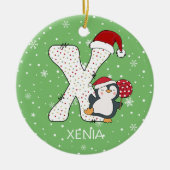 クリスマスアルファベットXサンタハットペンギンスノーフレーク セラミックオーナメント (正面)