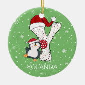 クリスマスアルファベットYサンタハットペンギンスノーフレーク セラミックオーナメント (正面)