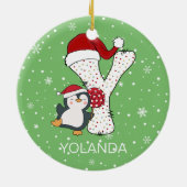 クリスマスアルファベットYサンタハットペンギンスノーフレーク セラミックオーナメント (裏面)