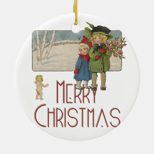 クリスマスアンティーク子どもイラストレーション1920 セラミックオーナメント (裏面)