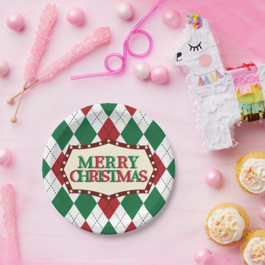 クリスマスアーガイルパターン ペーパープレート (パーティー)
