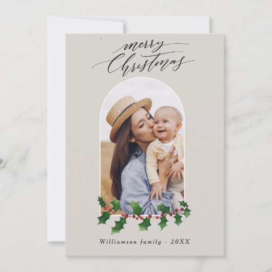 クリスマスアーチフォトウォーターカラーボタニカルホリデー ノートカード (正面)