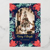 クリスマスアーチフォト 青い植物の花 金色 箔シーズンカード (正面)