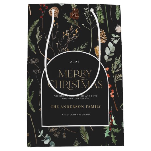 クリスマスアーチ水彩植物性フローラ包み ミディアムペーパーバッグ (正面)