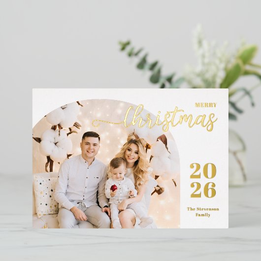 クリスマスアーチ1写真ミニマルモダンリストブルー金ゴールド 箔シーズンカード (立ち正面)