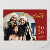 クリスマスアーチ1写真ミニマルモダンリストレッド 箔シーズンカード (正面)