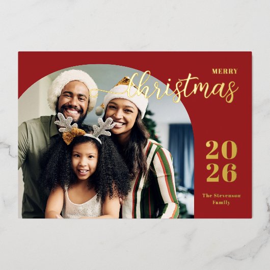 クリスマスアーチ1写真ミニマルモダンリストレッド 箔シーズンカード (正面)