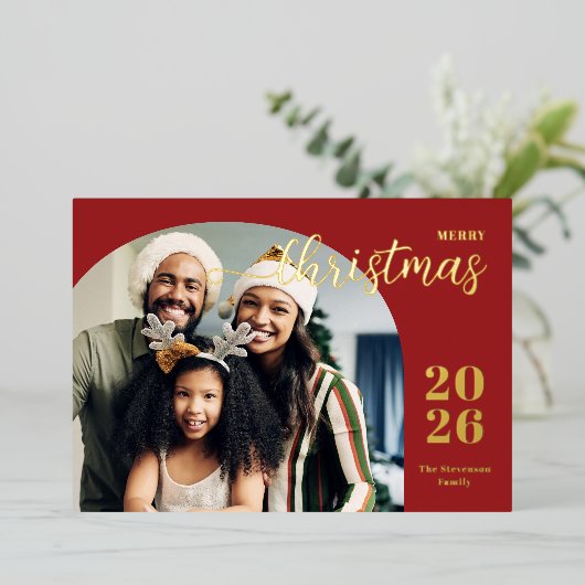クリスマスアーチ2写真ミニマルモダンリストレッド 箔シーズンカード (立ち正面)
