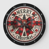 クリスマスアートレッドとブラックボウタイ ラージ壁時計 (正面)