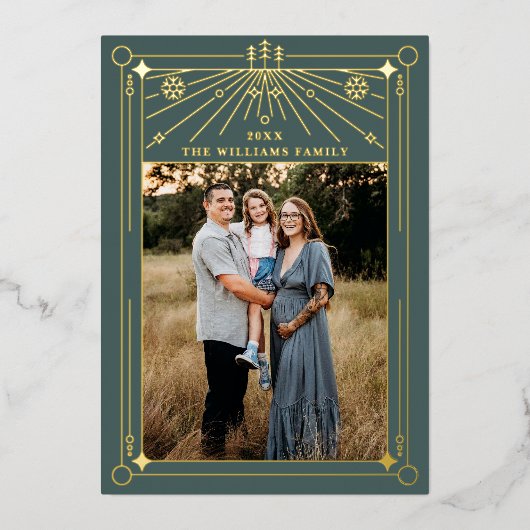 クリスマスアールデコラインアートグリーンフォト金ゴールド 箔シーズンカード (正面)