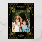 クリスマスアールデコラインアートフォトブラック金ゴールド 箔シーズンカード (正面)