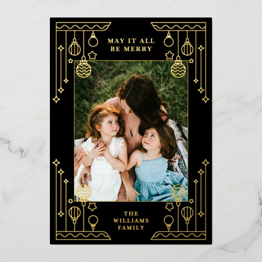 クリスマスアールデコラインアートフォトブラック金ゴールド 箔シーズンカード (正面)
