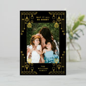 クリスマスアールデコラインアートフォトブラック金ゴールド 箔シーズンカード (立ち正面)